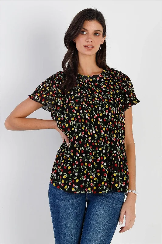 Cotton Short Sleeve TopsBlack Multi Color Floral Print Plisse Short Sleeve Top /1-2-2