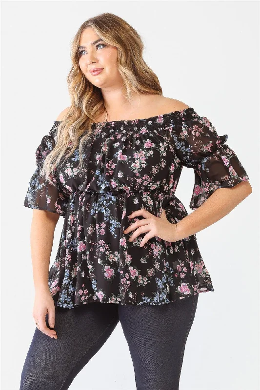 Scoop Neck Short Sleeve TopsJunior Plus Black Floral Chiffon Off-The-Shoulder Short Sleeve Flare Hem Top /1-2-1