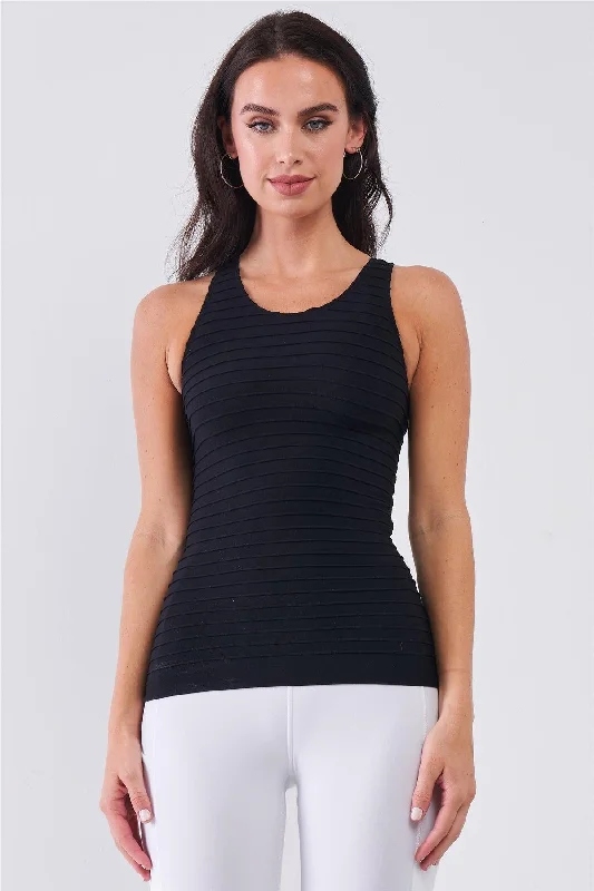 High-visibility vestBlack Sleeveless Round Neck Horizontal Pleated Detail Fitted Tank Top /3-3