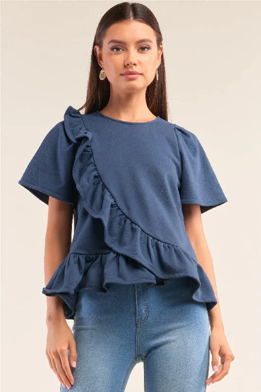 Performance Short Sleeve TopsSlate Blue Short Sleeve Crew Neck Asymmetrical Ruffled Top /1-2-2-1