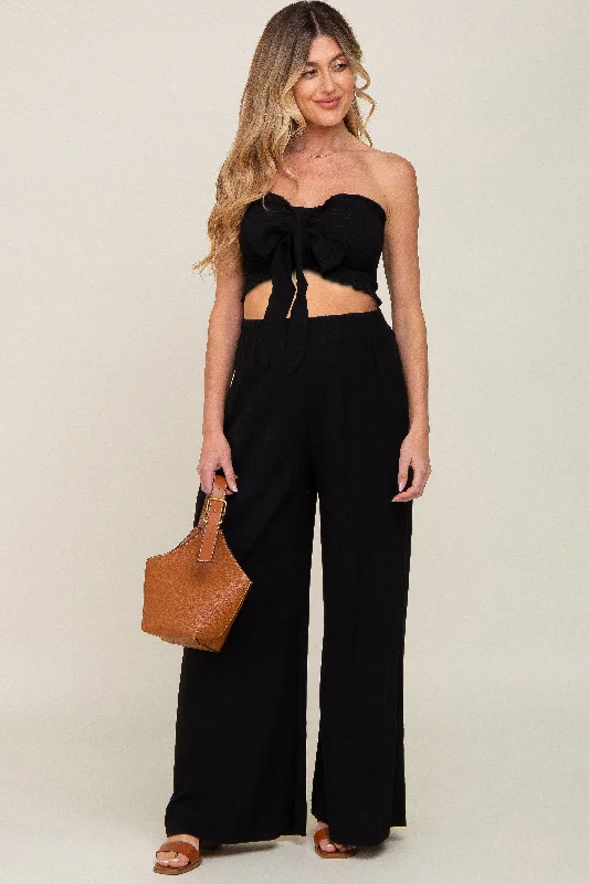 CroptopcollarBlack Front Tie Crop Top and Pant Maternity Set