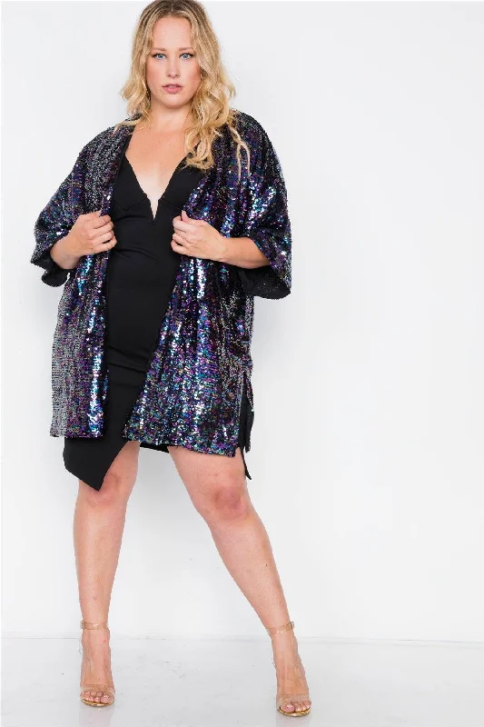 Jersey Short Sleeve TopsPlus Size Purple Sequin Kimono Short Sleeve Cover-up