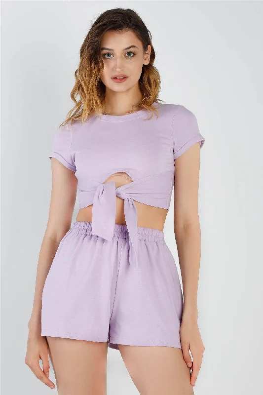 Oversized Short Sleeve TopsLilac Cut-Out Detail Self-Tie Hem Short Sleeve Crop Top & High Waist Short Set /2-2-2