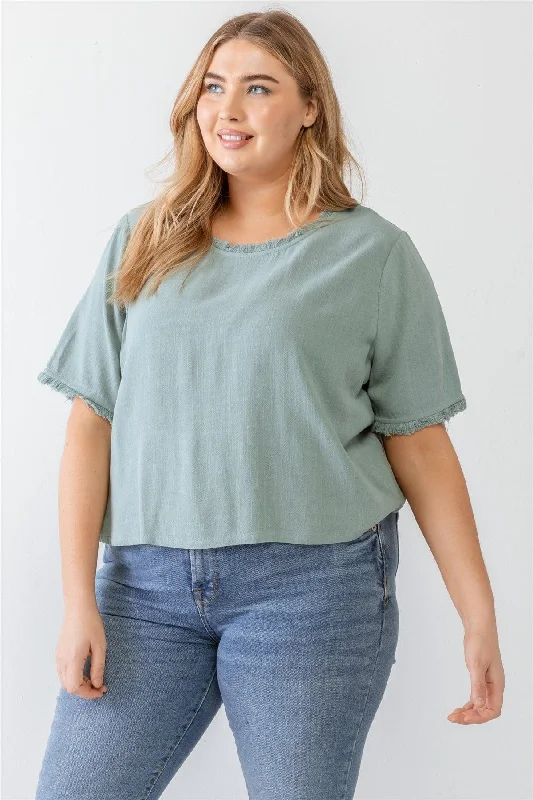 Sheer Short Sleeve TopsJunior Plus Ash Green Short Sleeve Crew Neck Fringe Trim Detail Top /4-2-1