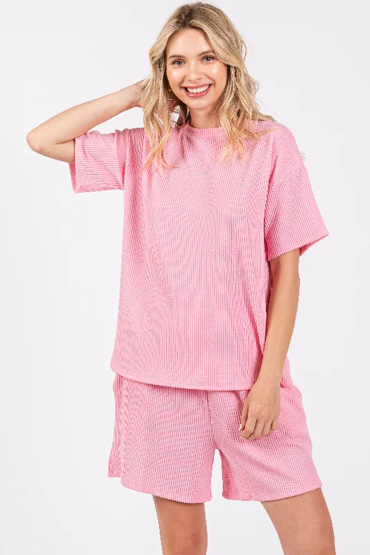 Metallic Short Sleeve TopsPink Ribbed Short Sleeve Pajama Set