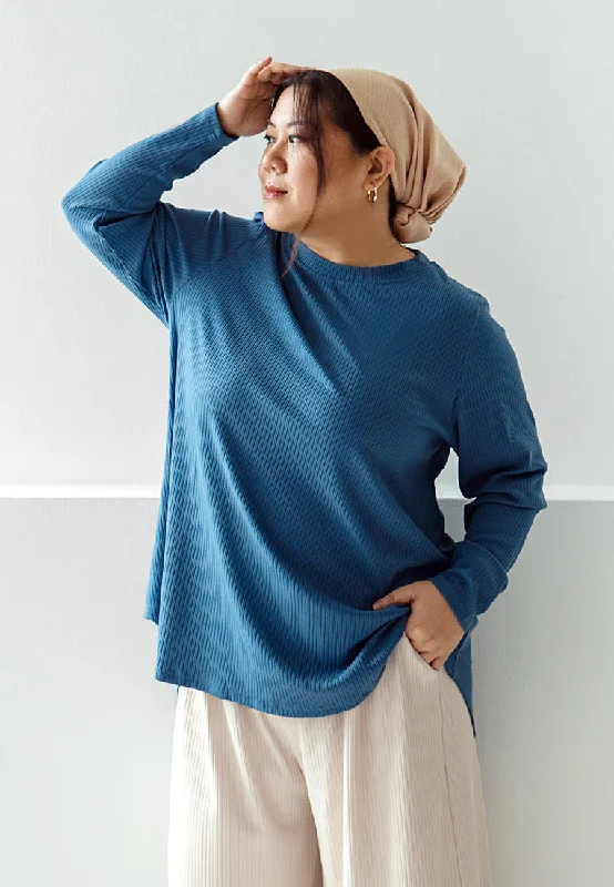 CrewneckAITania Relax Ribbed Quarantine Crew Neck Top - Blue