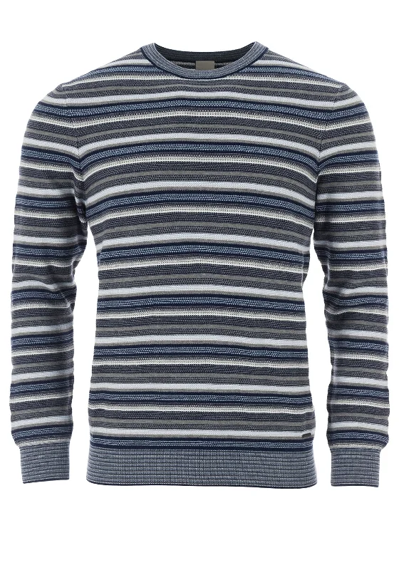 CrewneckgadgetBugatti Striped Cotton Crew Neck Sweater, Blue