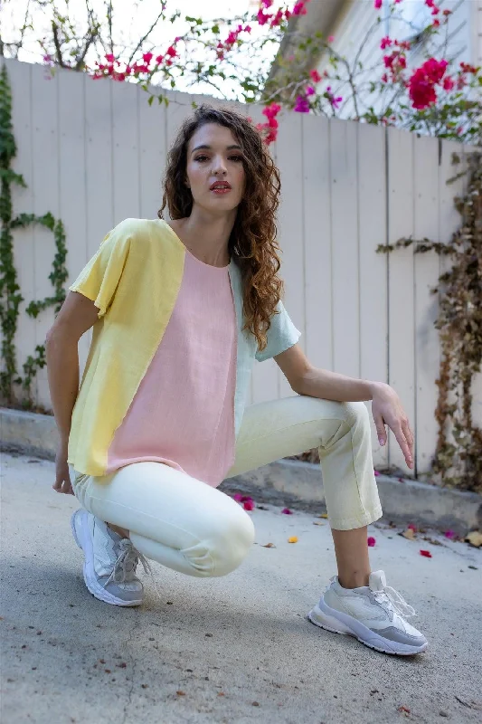 Vintage Short Sleeve TopsYellow Pink & Mint Linen Blend Colorblock Short Sleeve Top /2-2-2