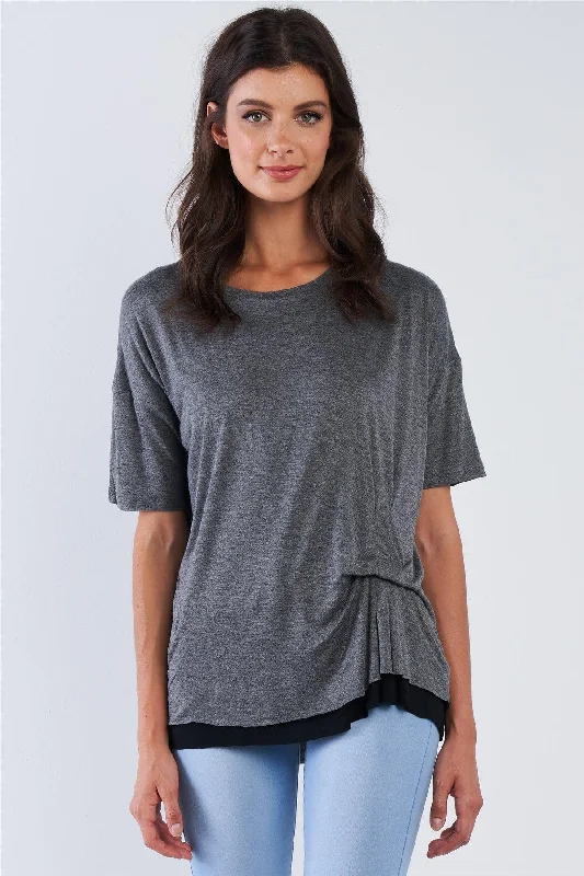 Branded Short Sleeve TopsCharcoal Layered Soft Loose Fit Short Sleeve Top With One Sided Cinched Seam /3-2-1