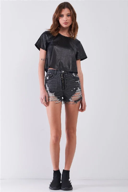 Running Short Sleeve TopsBlack Vegan Leather Laser Cut Round Neck Wide Short Sleeve Cropped Top /2-1-2-1