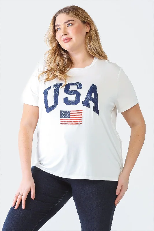 Longline Short Sleeve TopsJunior Plus White "USA" Print Crew Neck Short Sleeve Top /2-2