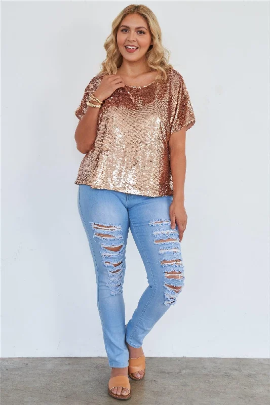 Lounge Short Sleeve TopsJunior Plus Size Rose Gold Short Sleeve Sequin Top /2-2-3-1