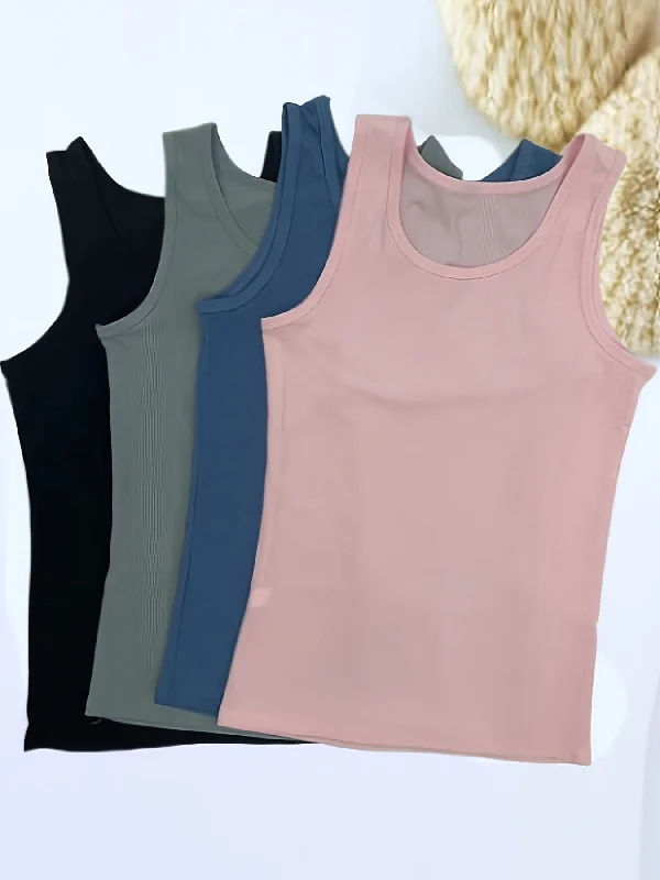 Crewneckfabric4pcs Solid Ribbed Tank Tops, Comfy & Breathable Crew Neck Top, Women's Lingerie & Underwear