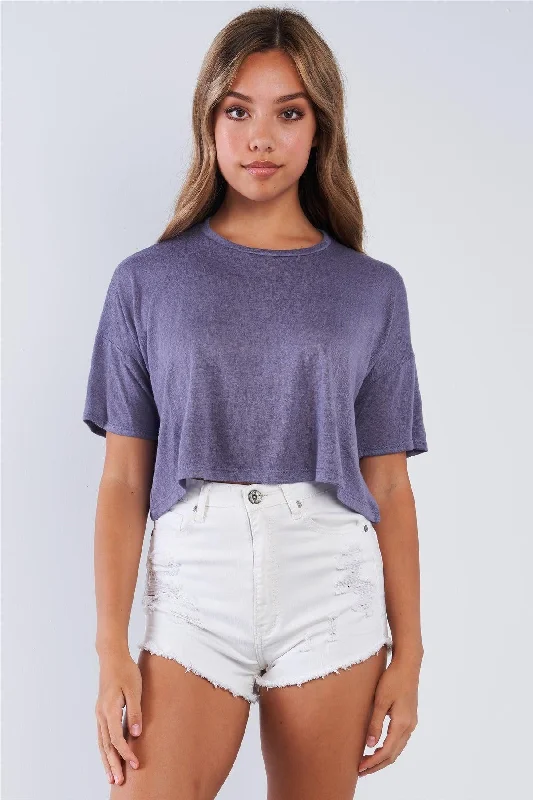 Casual Short Sleeve TopsDeep Blue Sky Loose Fit Cropped Short Sleeve Top