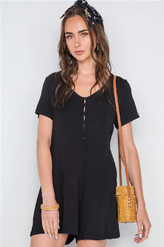 Designer Short Sleeve TopsBlack Solid Short Sleeve Button Down Romper /2-2-2