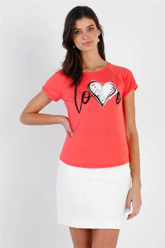 Colorblock Short Sleeve Tops"Love" Print Coral Short Sleeve T-Shirt Top /1-1-2