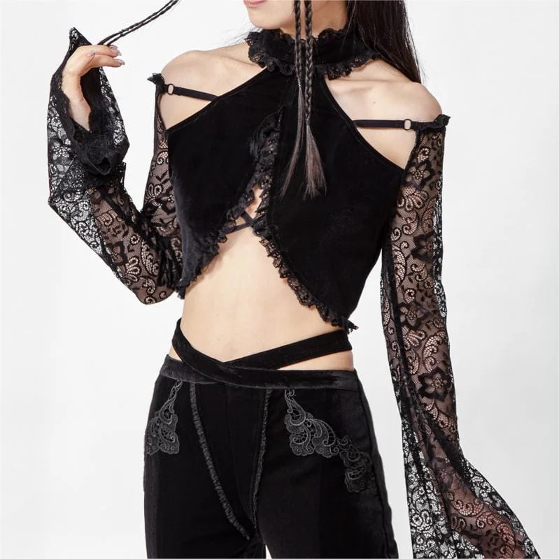 CroptopvirtualWomen's Gothic Halterneck  Lace Long Sleeved Crop Top