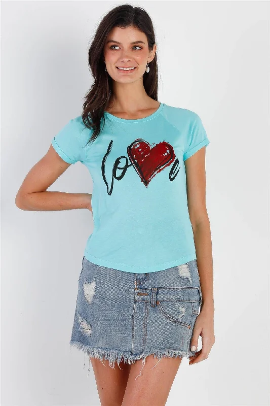 Embroidered Short Sleeve Tops"Love" Print Mint Short Sleeve T-Shirt Top /2-2-2