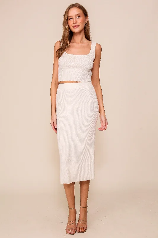 CroptoptrendsetterCream Ribbed Square Neck Sleeveless Crop Skirt Set