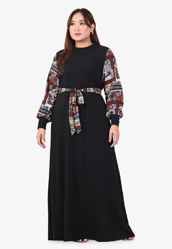 Retro DressRetro DressRania Raya Printed Sleeves Ribbed Long Dress - Abstract