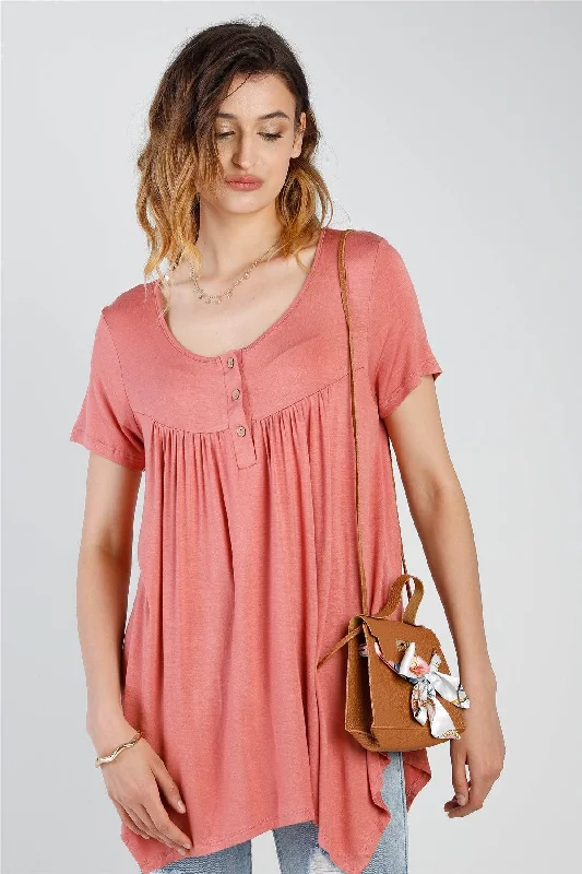 Scoop Neck Short Sleeve TopsMauve Button Up Detail Handkerchief Hem Short Sleeve Top /1-2-2-1