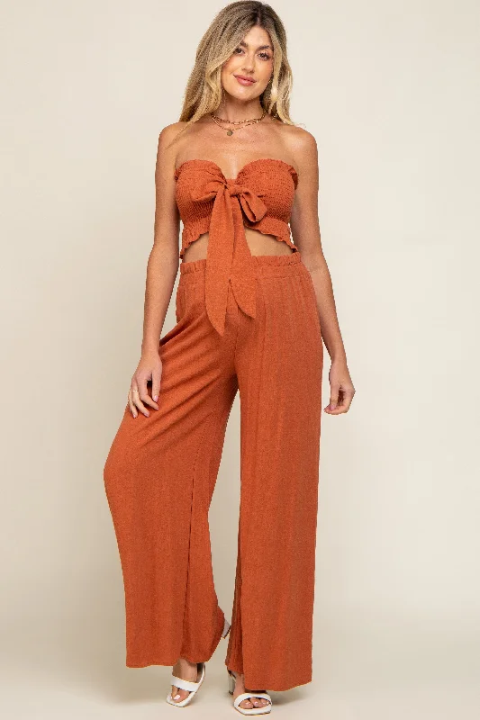 CroptopinnovationRust Front Tie Crop Top and Pant Maternity Set