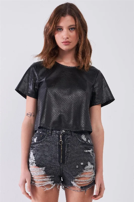 Gym Short Sleeve TopsBlack Vegan Leather Laser Cut Round Neck Wide Short Sleeve Cropped Top /1-2-2-1