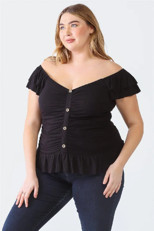 Crewneck Short Sleeve TopsJunior Plus Black Ribbed Button-Up Ruffle Short Sleeve Top /1-1-1