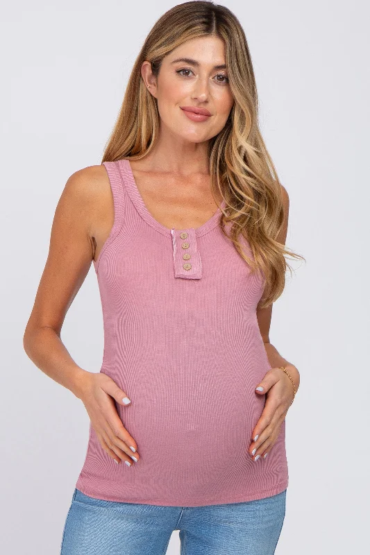 Lightweight teePink Button Neckline Ribbed Maternity Tank