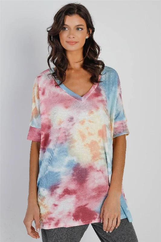 Blended Fabric Short Sleeve TopsMulti Color Tie-Dye Waffle Knit Short Sleeve Top /1-1-1