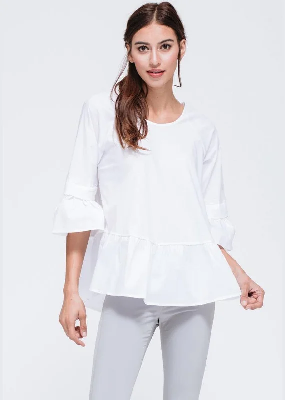 CrewnecksweaterWomen's Ruffle Hem Crew Neck Top In White