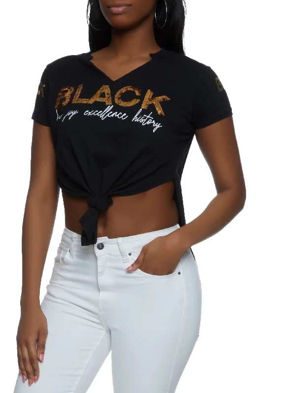 Hip-Hop T-ShirtsBlack Sequin Knot Front Graphic Tee