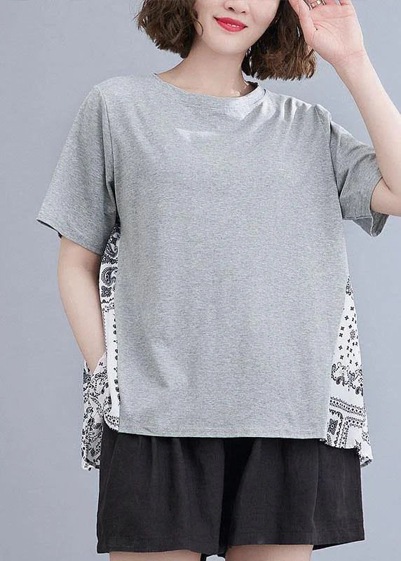 Ruffled T-ShirtsStyle Grey Patchwork Print Half Sleeve Cotton Summer Tee