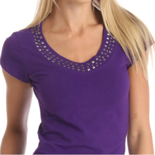 Travel T-Shirts24/7 Frenzy Women's Embellished Neckline Purple Solid Tee