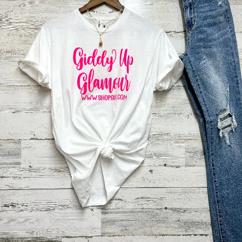 Hooded T-ShirtsBlack Friday Free Gift | Giddy Up Glamour Pink Graphic Logo Tee in White