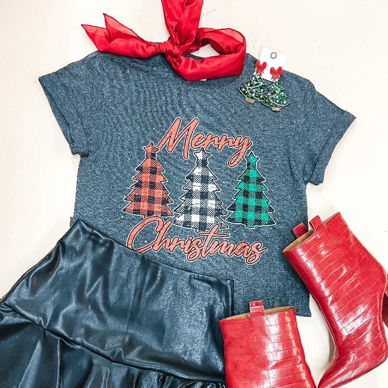 Embellished T-ShirtsLast Chance Size Small | Merry Christmas Plaid Christmas Tree Sleeve Graphic Tee in Heather Grey