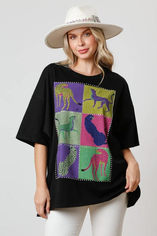 Crewneck T-ShirtsRhinestone Safari Black Colorblock Tee