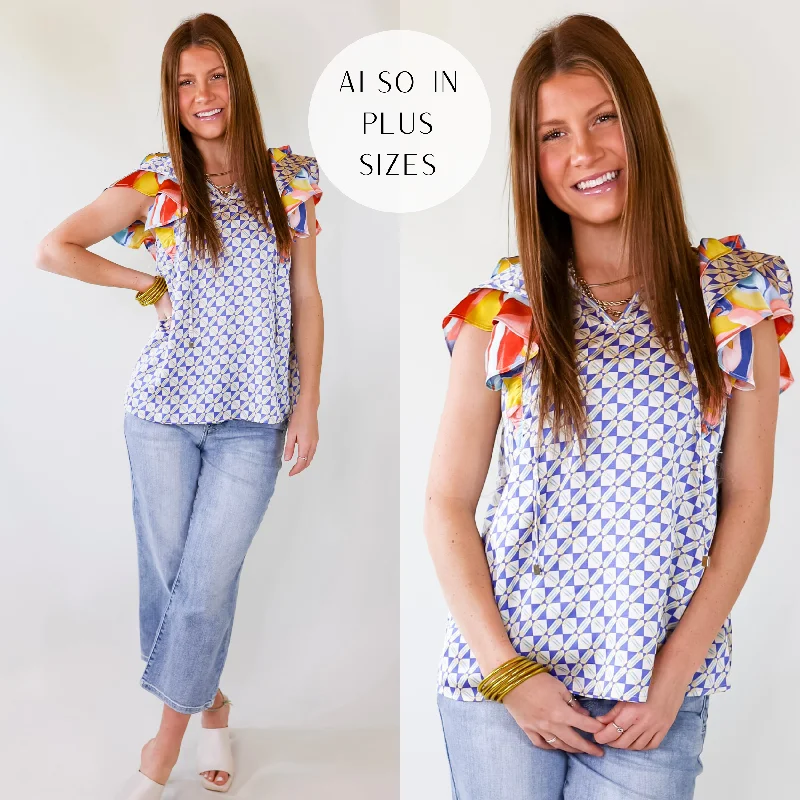 Hemp T-ShirtsBlissful Expressions Ruffled Capped Sleeves and Tied Keyhole Neck Tee in Beige and Blue