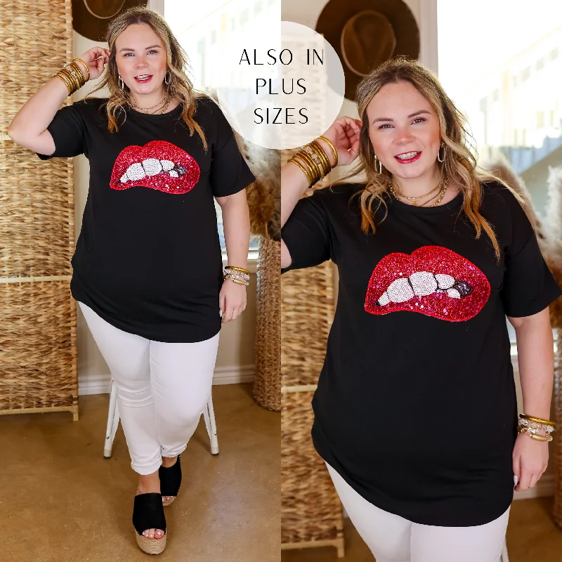 Zippered T-ShirtsRock All Night Sequin Mouth Graphic Tee in Black