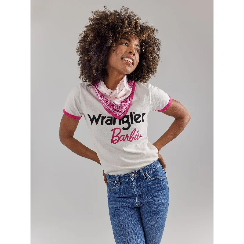 Scoop Neck T-ShirtsWrangler Women's Barbie Logo Worn White Slim Ringer Tee